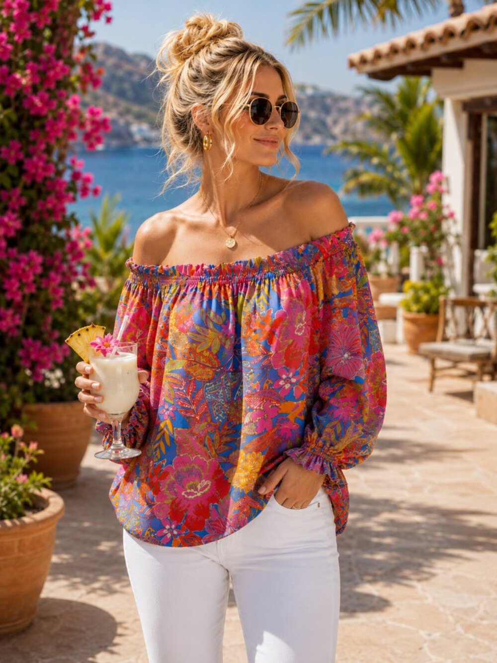 Flying Tomato Tropical Floral Peasant Blouse L | Off-Shoulder Resort Vacation To